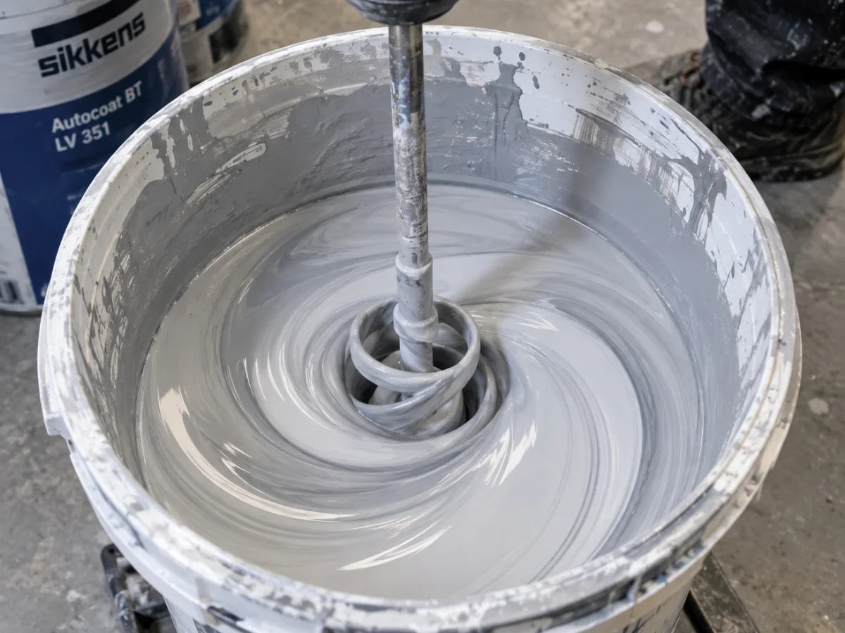 Paint being mixed to a colour code with a drill paddle, next to a tin of Sikkens Autocoat